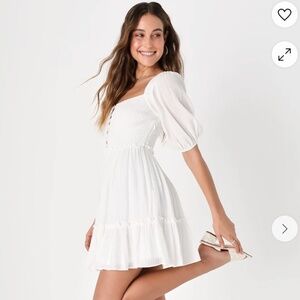 XS Lulus Keeping it Simple White Smocked Puff Sleeve Mini Dress- TAGS ON